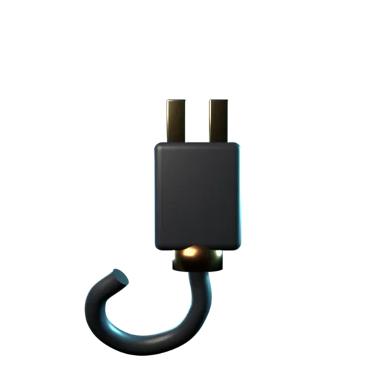 The Power Cords Electric plug modelled as a physical object: a dark moulded body with two brass blades and a copper ferrule where the cord enters.